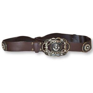 3/$20 Xcetera Western Belt Carved Brass Buckle Rhinestone Brown Faux Leather